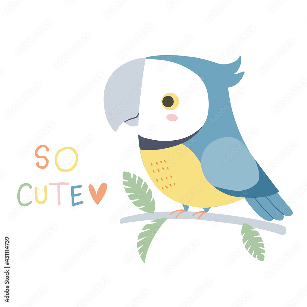 Vector illustration of cute parrot. Hand drawn cartoon tropical bird. Isolated on white background. Vector illustration of cute parrot. Hand drawn cartoon tropical bird. Isolated on white background.