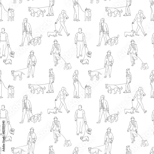 Black and white monochrome seamless pattern with many people walking with dogs. Line art. On white background.