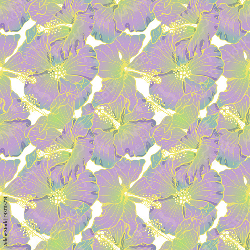 Seamless pattern with line art pastel purple hibiscus flowers, buds and leaves, with yellow outline. On white background. Stock vector illustration.