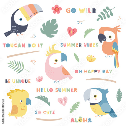 Collection of cute tropical birds and design elements. Set of hand drawn illustrations of toucan, parrots, foliage, flowers, and positive words.