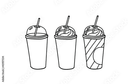 Paper cup with plastic lid. Clear plastic cup with a straw. Ice cream, milkshake. Juice, cocktail, smoothie. Soda. Vector on a white background.