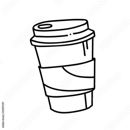 Paper cup with plastic lid. Tea, coffee. Coffee icon. Vector on a white background.