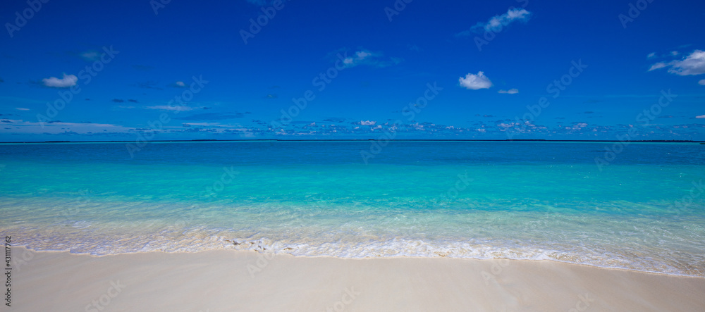 Sea sand sky view. Waves, foam splash, sunny seascape. Sea sand sky concept, horizon, horizontal background banner. Inspirational nature landscape, beautiful colors, wonderful. Summer travel beach