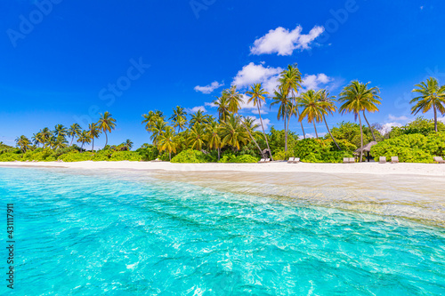 Tropical resort hotel beach paradise. Amazing nature  coast  shore. Summer vacation  travel adventure. Luxury holiday landscape  stunning ocean lagoon  blue sky palm trees. relax idyllic inspire beach