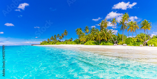 Tropical resort hotel beach paradise. Amazing nature, coast, shore. Summer vacation, travel adventure. Luxury holiday landscape, stunning ocean lagoon, blue sky palm trees. relax idyllic inspire beach
