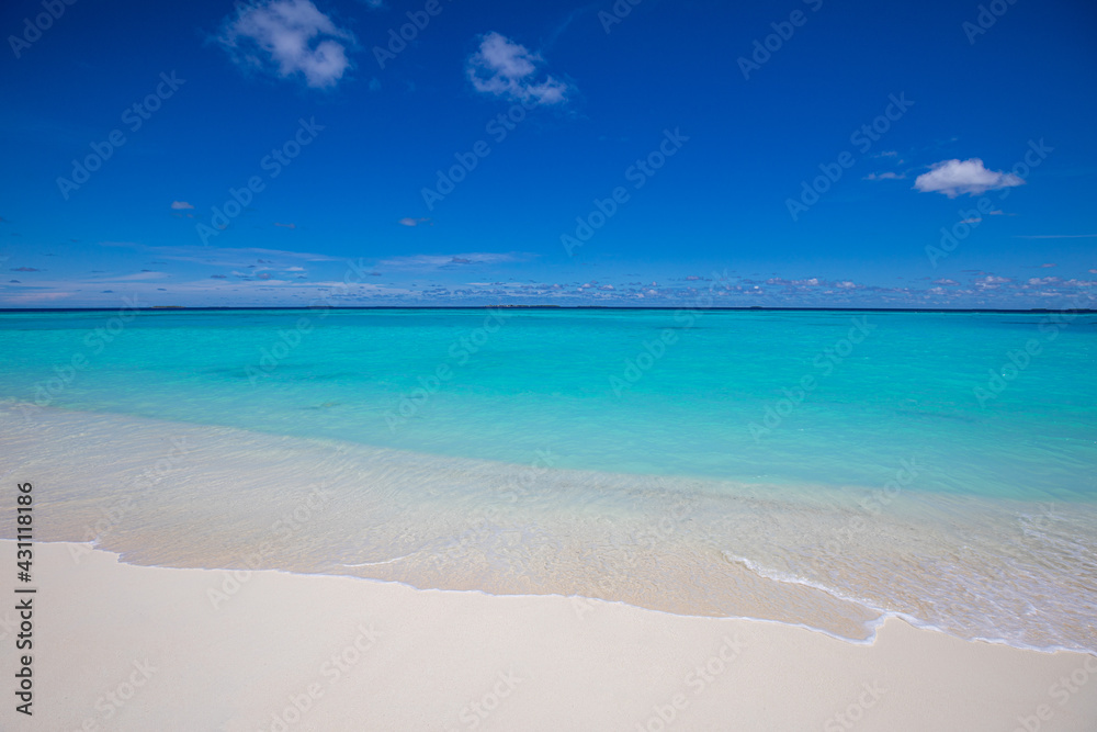 Sea sand sky view. Waves, foam splash, sunny seascape. Sea sand sky concept, horizon, horizontal background banner. Inspirational nature landscape, beautiful colors, wonderful. Summer travel beach