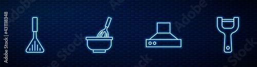 Set line Kitchen extractor fan, Barbecue spatula, whisk with bowl and Vegetable peeler. Glowing neon icon on brick wall. Vector