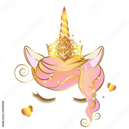 Vector unicorn face with closed eyes and wreath of pink flowers with sparkles.