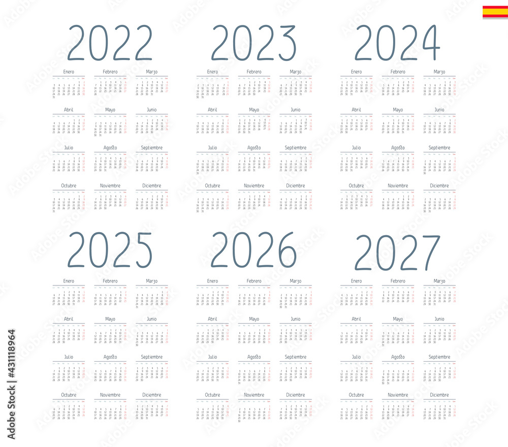 Spanish calendar 2022, 2023, 2024, 2025, 2026, 2027 on white background