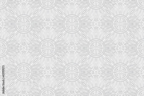 3d volumetric convex geometric white background. Eastern Islamic, Maracan style. Ornament with ethnic relief pattern. Wallpaper for presentations, websites, textiles, coloring.