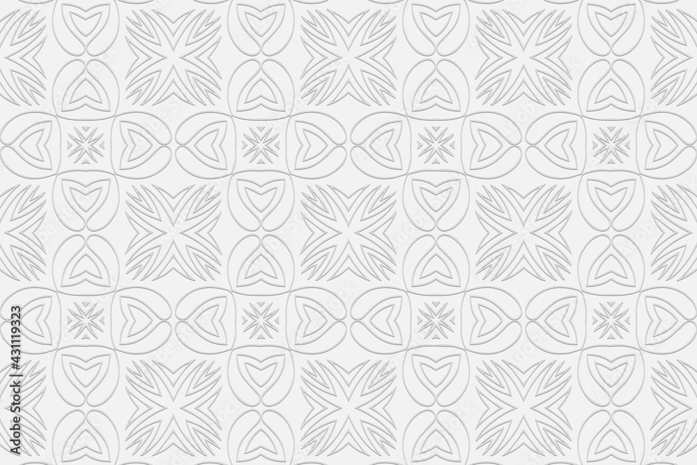 3d volumetric convex geometric white background. Eastern Islamic, Moroccan style. Ornament with ethnic relief pattern. Exotic wallpapers for presentations, websites, textiles, coloring.
