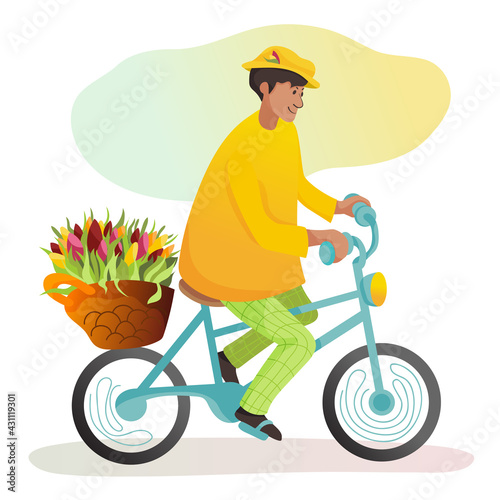 Cute cartoon florist on blue bike with flowers