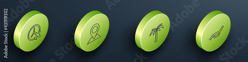 Set Isometric line Clock with airplane, Location, Tropical palm tree and Sunbed and umbrella icon. Vector