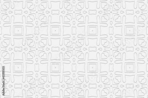3d volumetric convex geometric white background. Eastern Islamic, Moroccan style. Ornament with ethnic relief pattern. Elegant wallpapers for presentations, websites, textiles, coloring. 