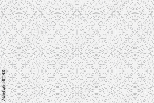 3d volumetric convex geometric white background. Eastern Islamic, Moroccan style. Ornament with ethnic relief pattern. Minimalist wallpapers for presentations, textiles, coloring.