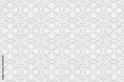 3d volumetric convex geometric white background. Eastern Islamic, Moroccan style. Ornament with ethnic relief pattern. Stylized wallpapers for presentations, textiles, coloring.