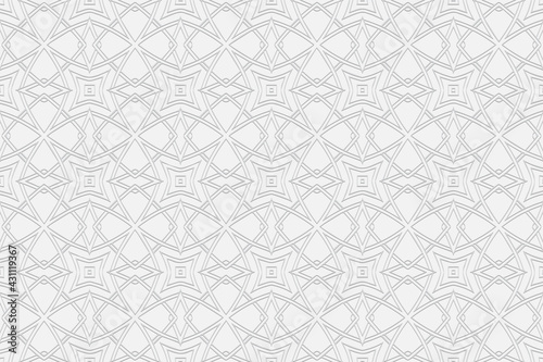 3d volumetric convex geometric white background. Eastern Islamic, Moroccan style. Ornament with ethnic relief pattern. Stylized wallpapers for presentations, textiles, coloring.