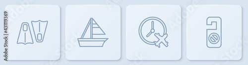 Set line Rubber flippers for swimming, Clock with airplane, Yacht sailboat and Please do not disturb. White square button. Vector