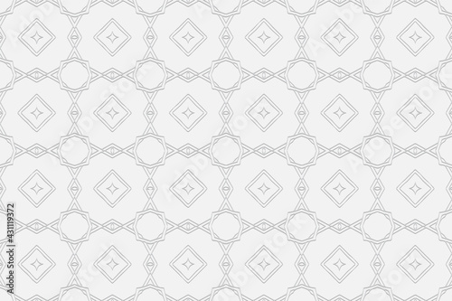 3d volumetric convex geometric white background. Eastern Islamic, Moroccan style. Ornament with ethnic relief pattern. Elegant wallpapers for presentations, textiles, coloring.