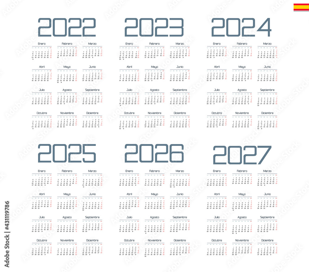 Spanish calendar 2022, 2023, 2024, 2025, 2026, 2027 on white background, week starts on Monday Spanish calendar 2022, 2023, 2024, 2025, 2026, 2027 on white background, week starts on Monday