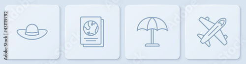 Set line Elegant women hat, Sun protective umbrella, Passport and Plane. White square button. Vector