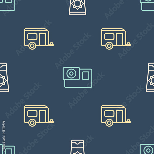 Set line Sunscreen cream in tube, Rv Camping trailer and Action camera on seamless pattern. Vector