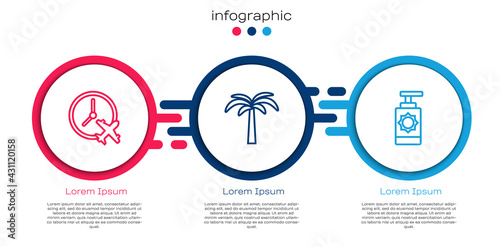 Set line Clock with airplane, Tropical palm tree and Sunscreen spray bottle. Business infographic template. Vector