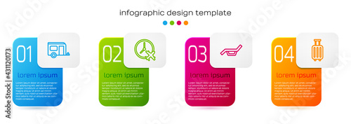 Set line Rv Camping trailer, Clock with airplane, Sunbed and umbrella and Suitcase. Business infographic template. Vector