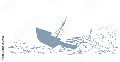 Shipwreck in the waves. Vector drawing