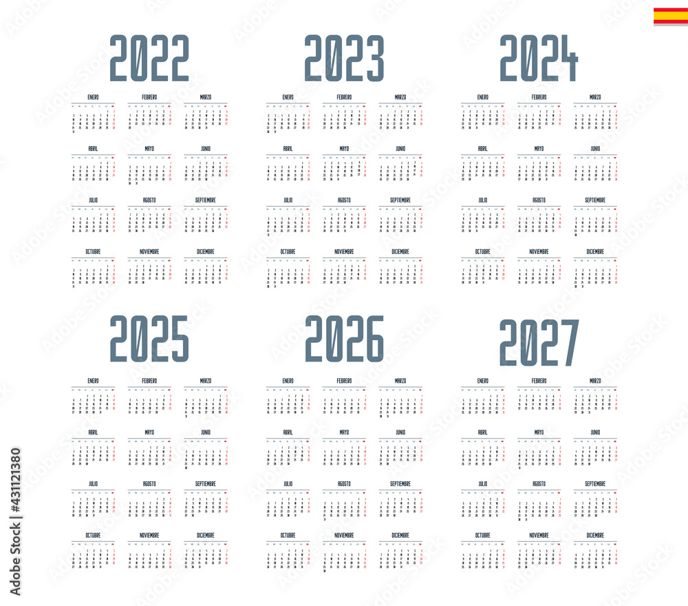 Spanish calendar 2022, 2023, 2024, 2025, 2026, 2027 on white background, week starts on Monday
