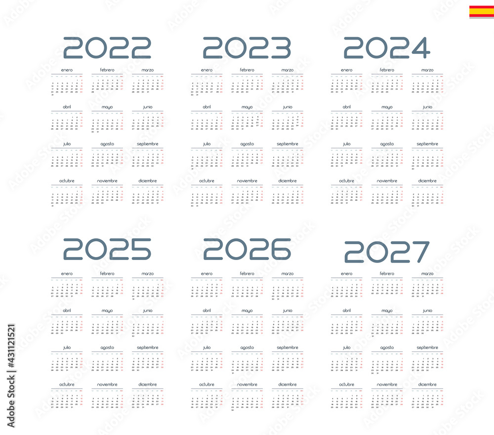 Spanish calendar 2022, 2023, 2024, 2025, 2026, 2027 on white background ...