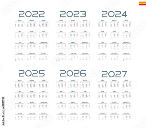 Spanish calendar 2022, 2023, 2024, 2025, 2026, 2027 on white background, week starts on Monday