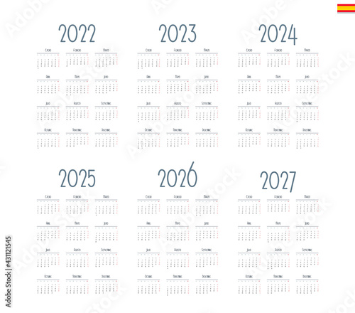 Spanish calendar 2022, 2023, 2024, 2025, 2026, 2027 on white background, week starts on Monday