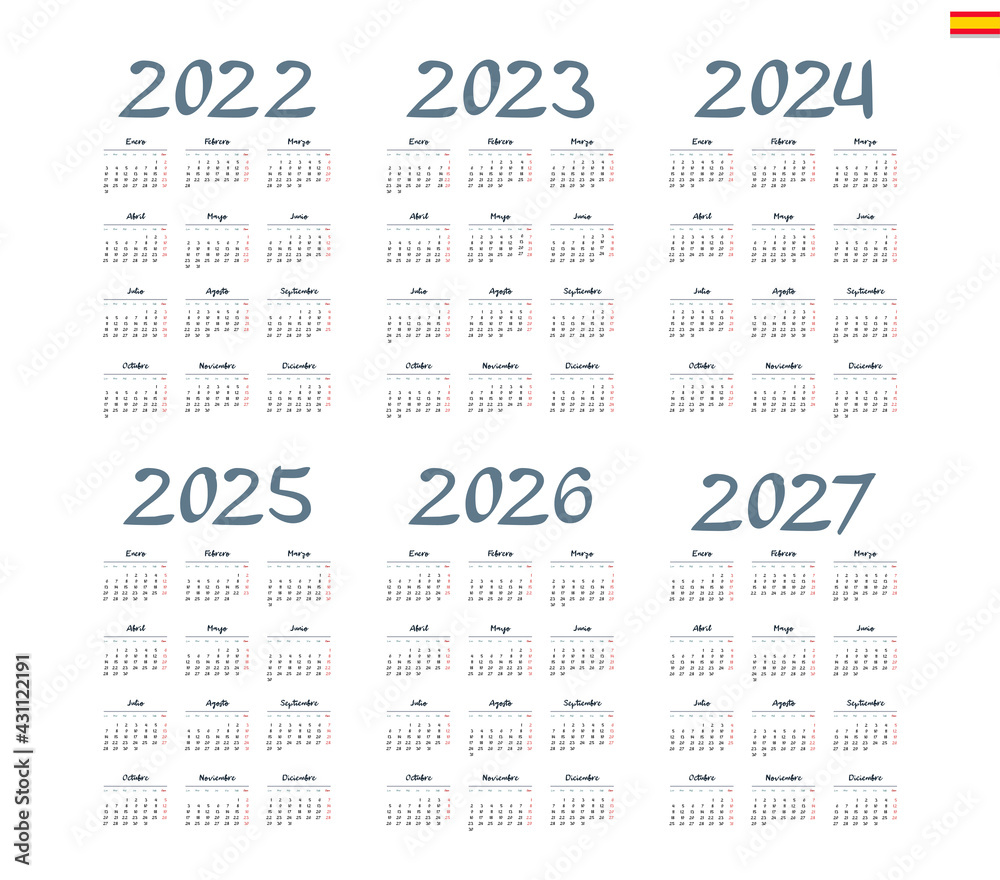 Spanish calendar 2022, 2023, 2024, 2025, 2026, 2027 on white background, week starts on Monday Spanish calendar 2022, 2023, 2024, 2025, 2026, 2027 on white background, week starts on Monday