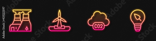 Set line CO2 emissions in cloud, Nuclear power plant, Wind turbine and Light bulb with leaf. Glowing neon icon. Vector