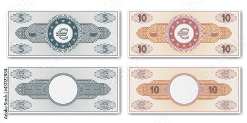 A set of paper fictional EU money. Obverse and reverse of banknotes or certificates in denominations of 5 and 10 euros