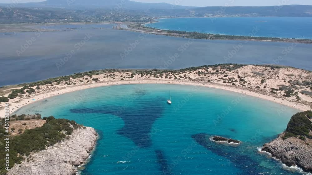 Aerial panorama view of the famous semicircular sandy beach and lagoon of Voidokilia in Messenia, Greece Aerial panorama view of the famous semicircular sandy beach and lagoon of Voidokilia in Messenia, Greece