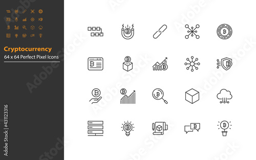 set of cryptocurrency thin line icons, blockchain, digital mpney, fintech