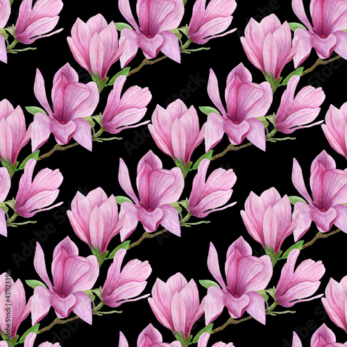 blooming magnolia floral seamless pattern.Watercolor magnolia flowers