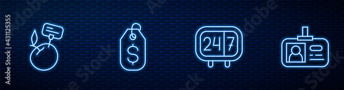 Set line Clock 24 hours, Supermarket food products with price label, Price tag dollar and Identification badge. Glowing neon icon on brick wall. Vector