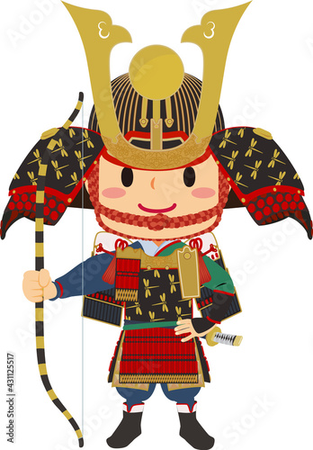 鎧兜を装着して弓を持った男の子