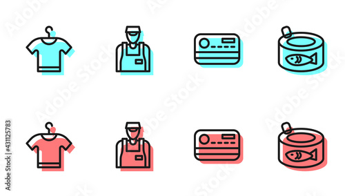 Set line Credit card, T-shirt, Seller and Canned fish icon. Vector