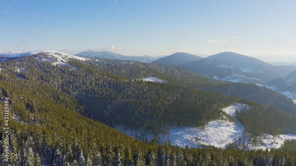 High steep snowy mountain covered with evergreen writing trees on a sunny cold bright day, aerial UHD 4K video High steep snowy mountain covered with evergreen writing trees on a sunny cold bright day, aerial UHD 4K video