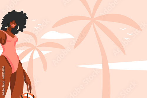 Hand drawn vector abstract stock flat graphic illustration with young ,happy black afro american beauty woman in swimsuit on sundown view scene on the beach isolated on pink pastel background.