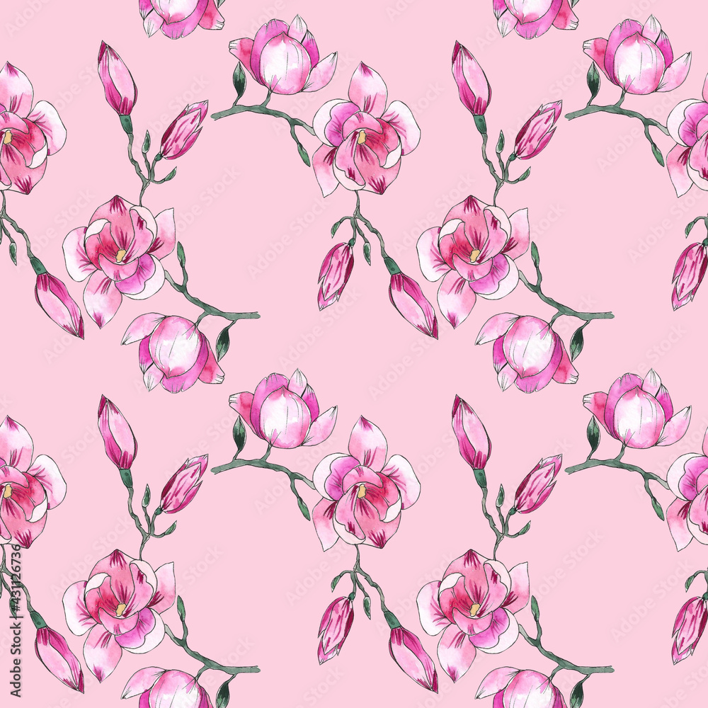 Watercolor illustration. Seamless pattern of pink magnolia flowers on a pink background