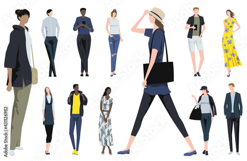 ファッショナブルな人達のフラットなイラストセット