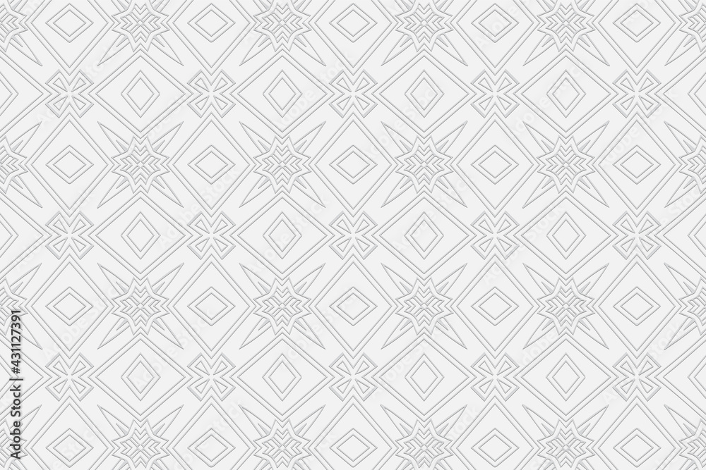 3d volumetric convex geometric white background. Eastern Islamic, Moroccan style. Ornament with ethnic relief pattern with polygons. Wallpaper for presentations, textiles, stained glass.