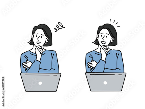 疑問と問題の解決を表情で表す女性のイラスト(ソーシャルメディア、会議、議論、ミーティング、閃き、考える、理解する、悩む、)
resolution, Confused woman thinking together. People with question marks vector illustration. woman with question, thinking guy, laptop