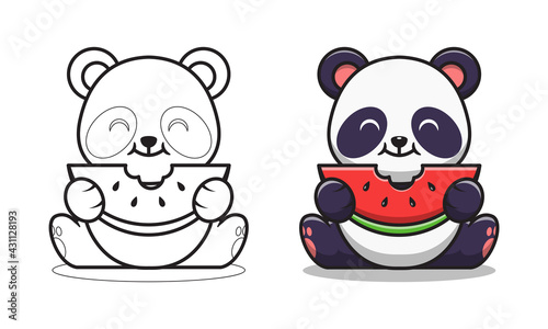 Cute panda eating watermelon cartoon coloring pages for kids © Three Light