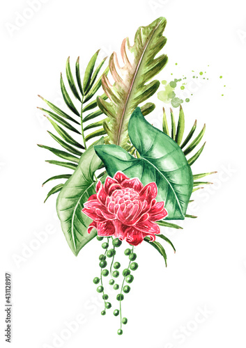 Fototapeta Naklejka Na Ścianę i Meble -  Leaves and flowers of exotic tropical or jungle plants bouquet Watercolor hand drawn illustration, isolated on white background